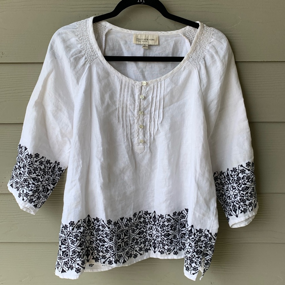 Jones New York White Linen Blouse with Black Floral Border